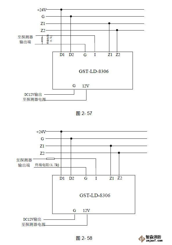 GST-LD-8306輸入模塊與常閉無源觸點(diǎn)的防盜探測(cè)器接線示意圖